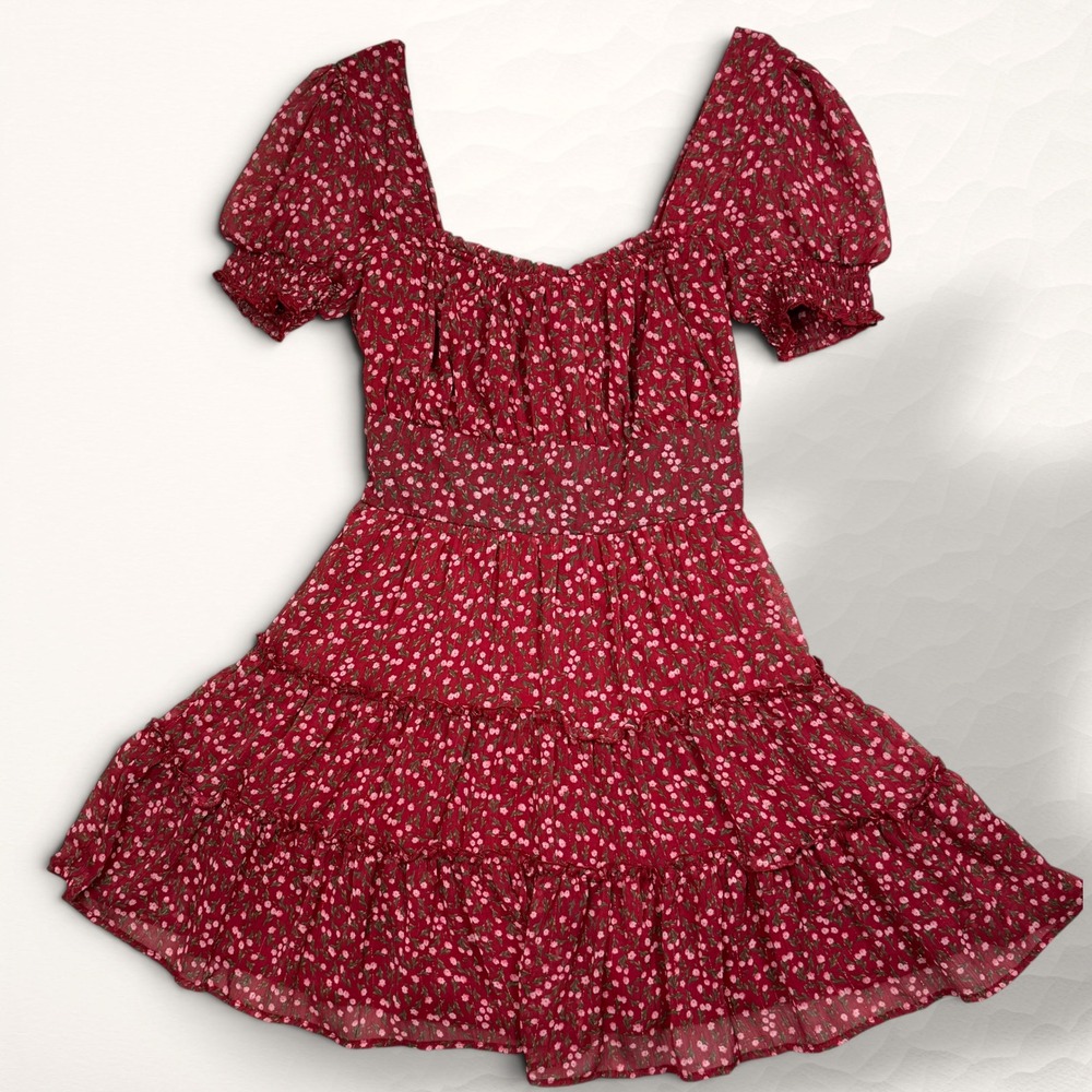 Trixxi Mini Dress Women Size S Red Cottagecore Floral Puff Sleeve Lurex